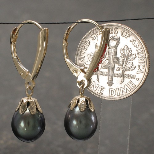 14K Yellow Gold Euro Back Black Pearl Dangle Earrings - Picture 2 of 3