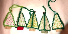 New Needlepoint Christmas Tree Ornaments Vtg Handmade White Set of the 5
