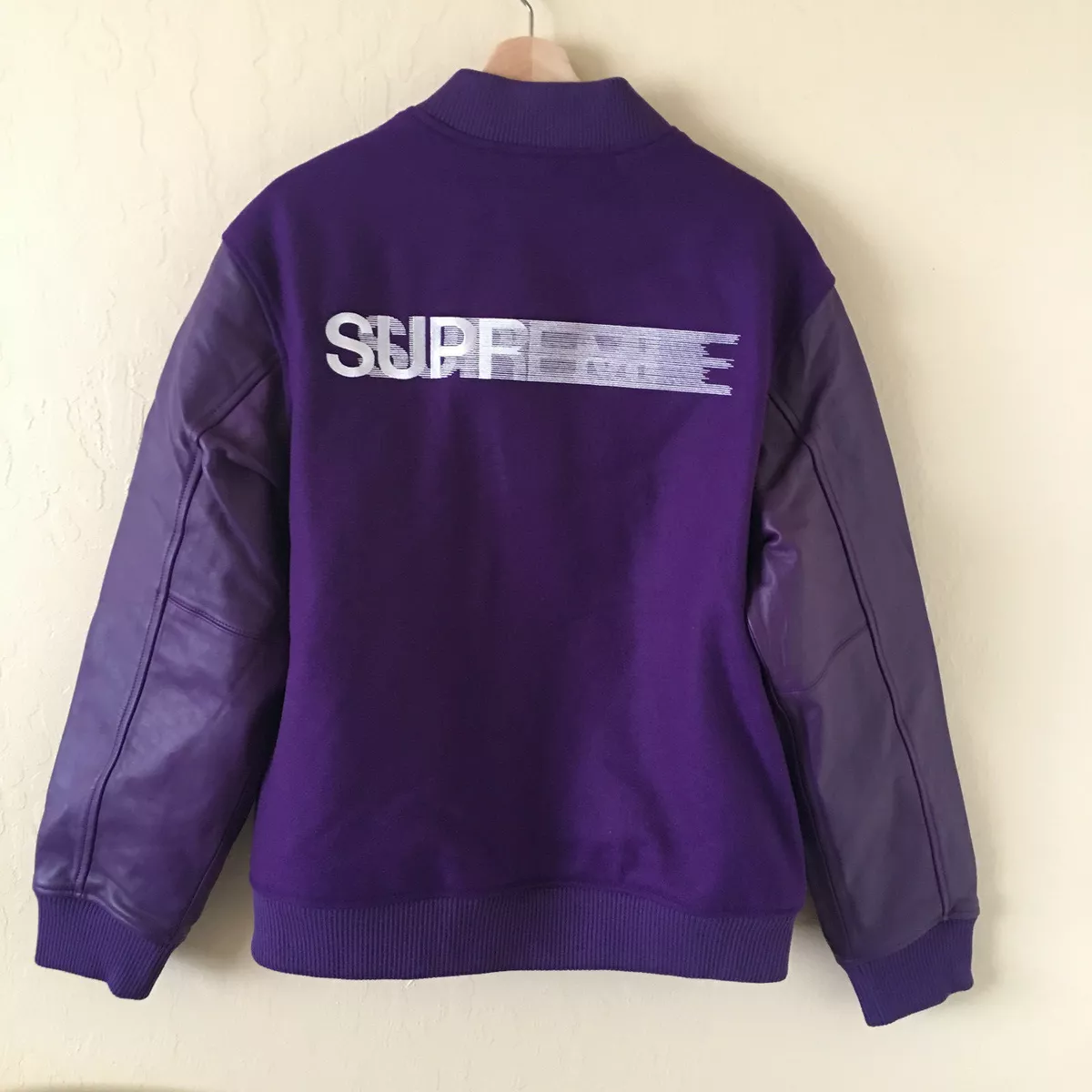 SUPREME Motion Logo Leather Wool Varsity Jacket Size Large Box