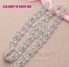 Crystal Bridal Sash Applique w/ Beads White Pearls 37.5" GB610-slcrp 