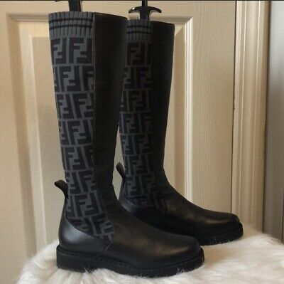 Auth FENDI Women's Rockoko Tall Sock Boots Zucca Knit Auth FENDI Women's Rockoko Tall Sock Boots Zucca Knit