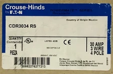 EATON CROUSE HINDS CDR3034 RS 30 AMP 3 Wire 4 Pole Receptacle 600 VAC 250 VDC