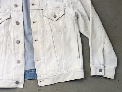 Maison Margiela Collarless Denim Trucker Jacket White Painted Blue
