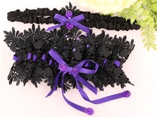 Stunning Guipure Black Lace Garter with Purple Satin Ribbon  Burlesque or Drama