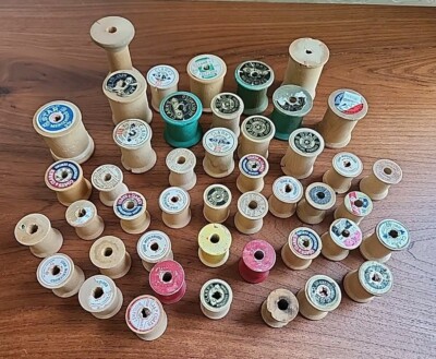 Vtg Lot of 45 Wooden Empty Sewing Thread Wood Spools Crafts 1-1.5 ...