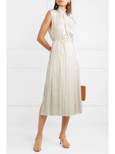 RRP $4K + Fendi Pleated Striped Ivory Silk Midi Dress IT 40 US 4 UK/AU 8