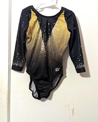 GK Elite Gymnastics Leotard Long Sleeve Goild Black Ombre Sequins Size CL