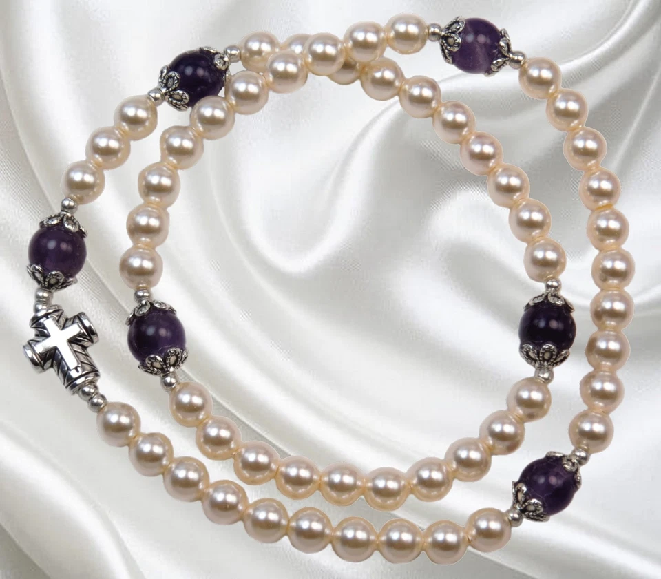 Pulsera envolvente rosario de viaje católico de cinco décadas, amatisia, perlas blancas concha Foto 4 de 4