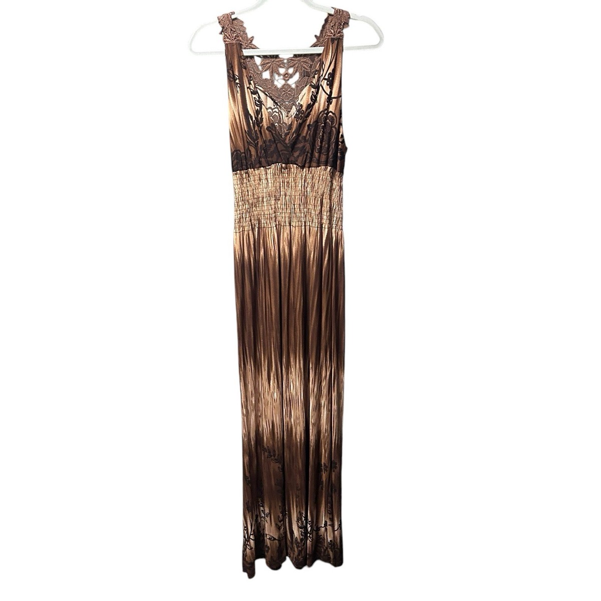 Women's Large Boho Maxi Dress Floral Lace Trim Tan/Brown Ruched Y2K Stretchy