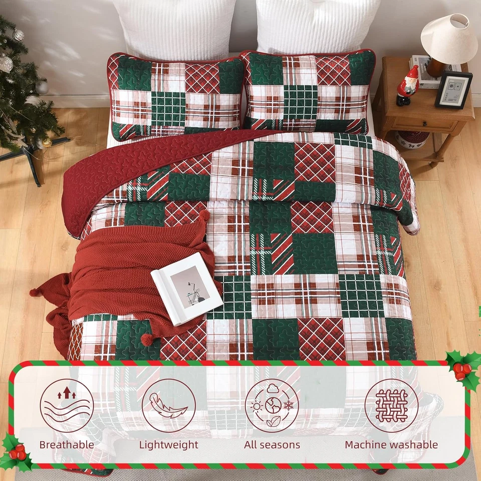 Christmas Quilt Set Queen Size, Xmas Red and Blue Plaid Patterns Bedspread Set Q - Image 4 of 4