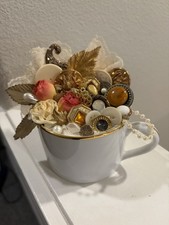 Handcrafted Victorian Arrangement in Decorative Teacup Upcycled Vtg Lace Buttons
