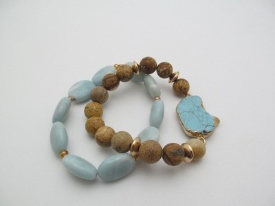 Aquamarine Jasper & Howlite Oval & Ball Natural Stone Stack Bracelet Set x 2