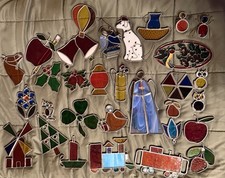 Vintage Stained Glass Sun Catcher Art Lot Christmas Angels Owl Bugs Flower Fruit