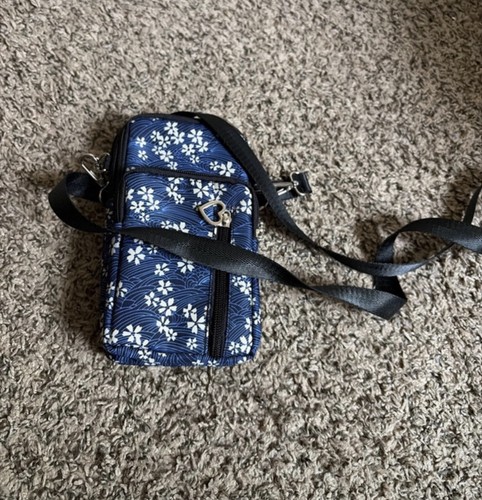 Blue White Floral Crossbody Phone Bag Small Adjustable Strap Zip Pockets