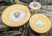 Antique 1910 Limoges T&V Tea Trio Cup Saucer Plate Yellow Parrot Birds France