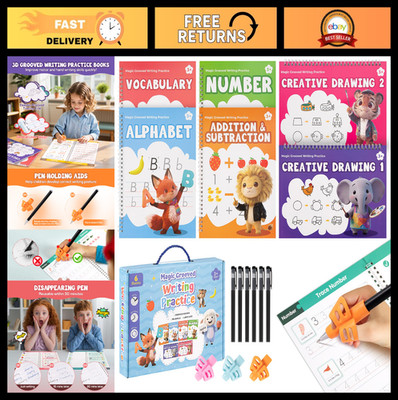 Reusable 3D Handwriting Practice Books for Kids 3-5, Disappearing Ink Pens & Gri