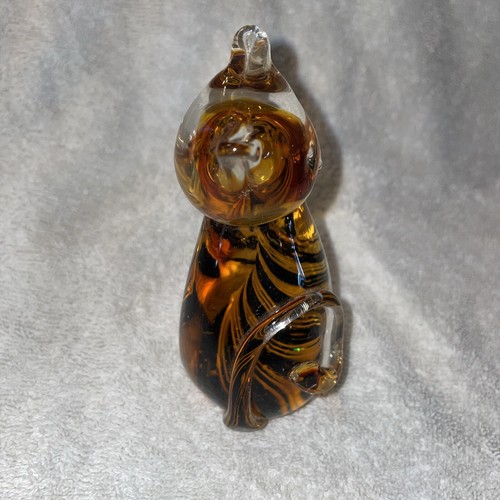 Murano Style Art Glass Amber Striped Cat Hand Blown Figurine Paperweight 4.5" - Picture 4 of 6