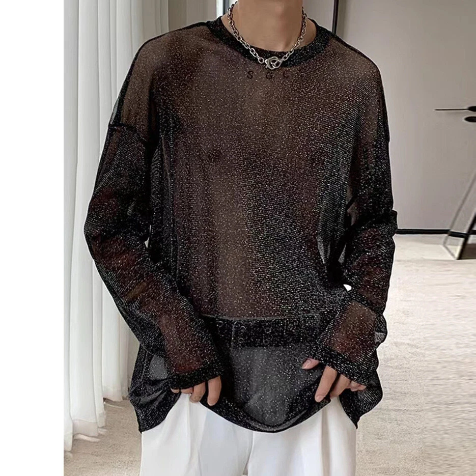 Perspective T-Shirt for Men's Sexy Nightclub Wear, Shiny and Breathable Mesh