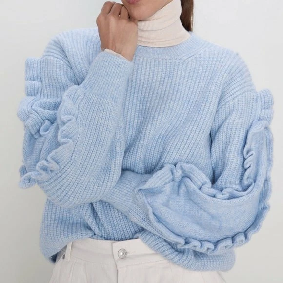 ZARA BLUE CHUNKY KNIT RUFFLE SLEEVE FLOUNCE SWEATER SMALL