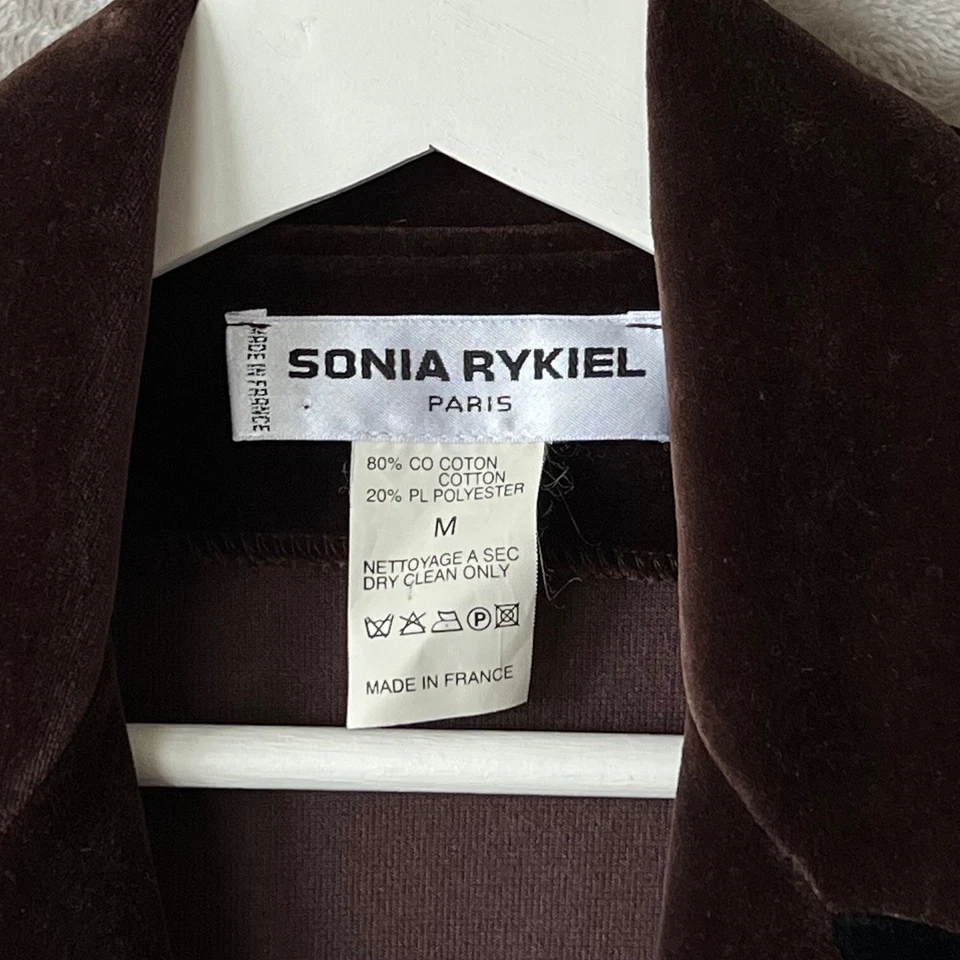 Sonia Rykiel 棕色天鹅绒西装外套中号设计师夹克金色纽扣黑色装饰 — 第 3/4 张图片