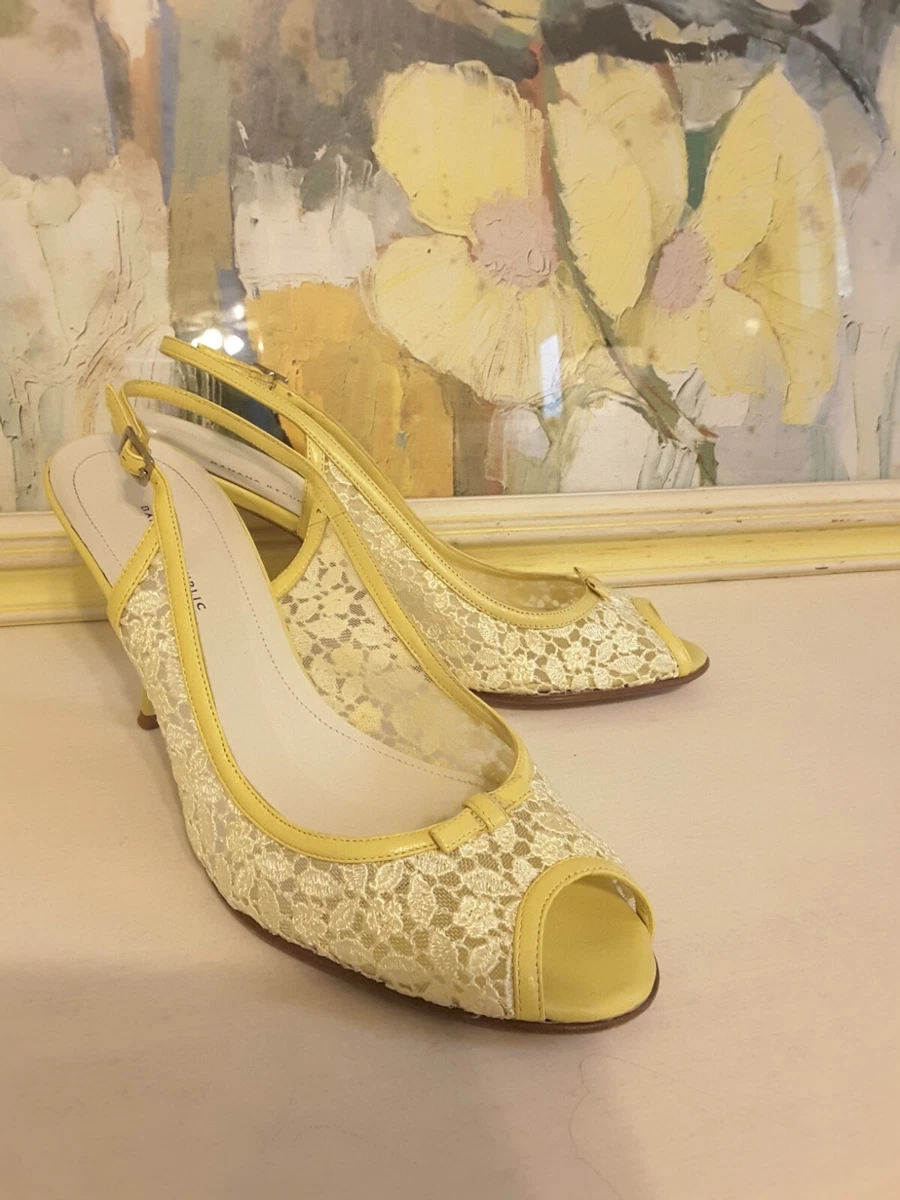Banana Republic Yellow Slingback Peep Toe Pumps Heels 7.5 Pumps Leather Lace MIB