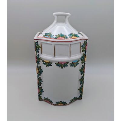 Iranian Persian Lion Sun Backstamp White Ceramic Tea Caddy Painted Flowers Gold