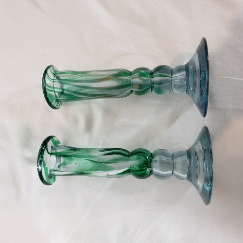 Hand Made Art Glass Blue Green Swirl Candlestick Holders Set of 2 - Picture 5 of 5