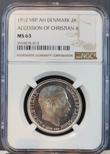 1912 DENMARK SILVER 2 KRONER ACCESSION OF CHRISTIAN X NGC MS 63 BEAUTIFUL COIN