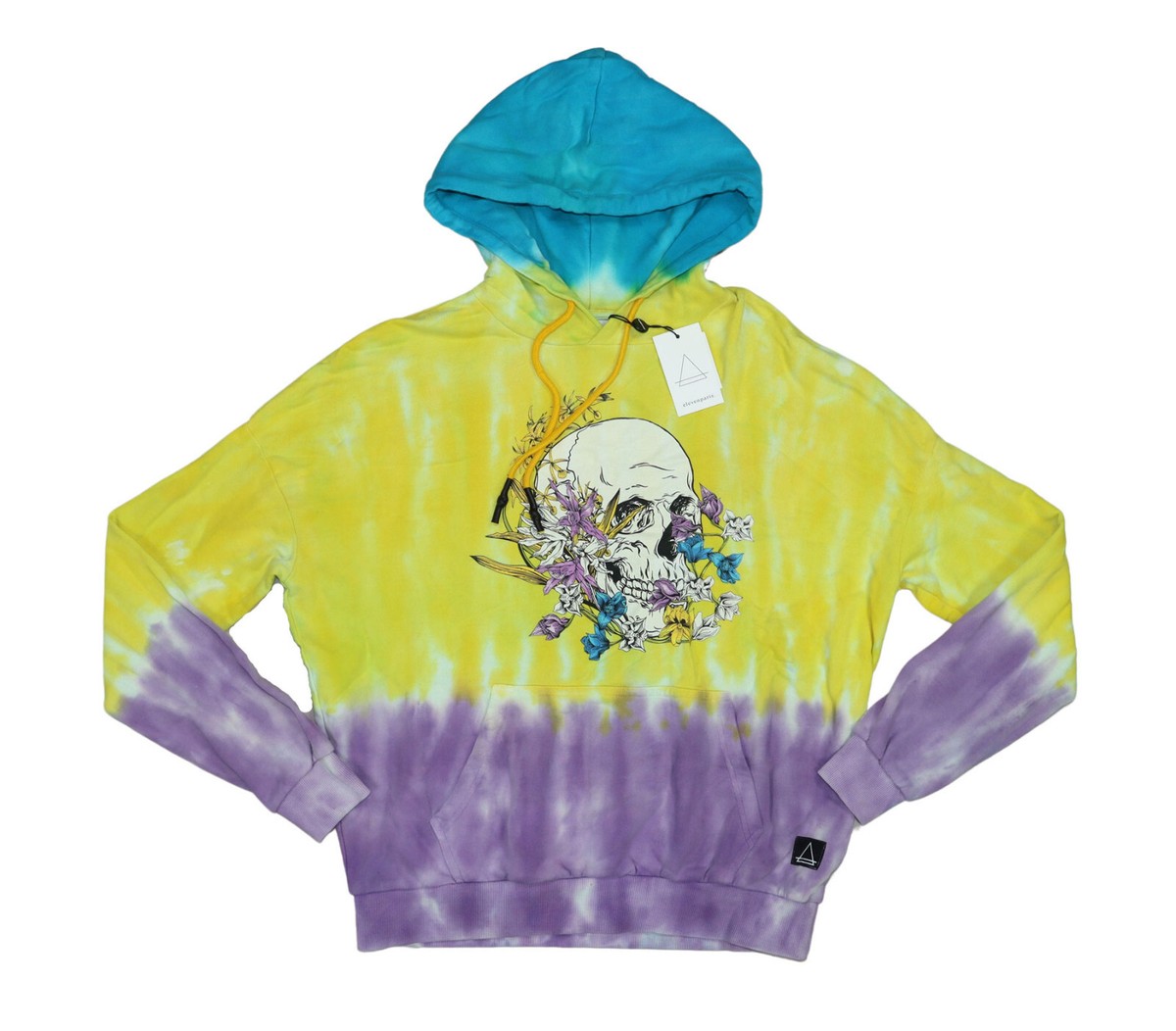 Eleven Paris Skull Floral Tie Dye Hooded Men's Sweatshirt NWT Lemon Chrome