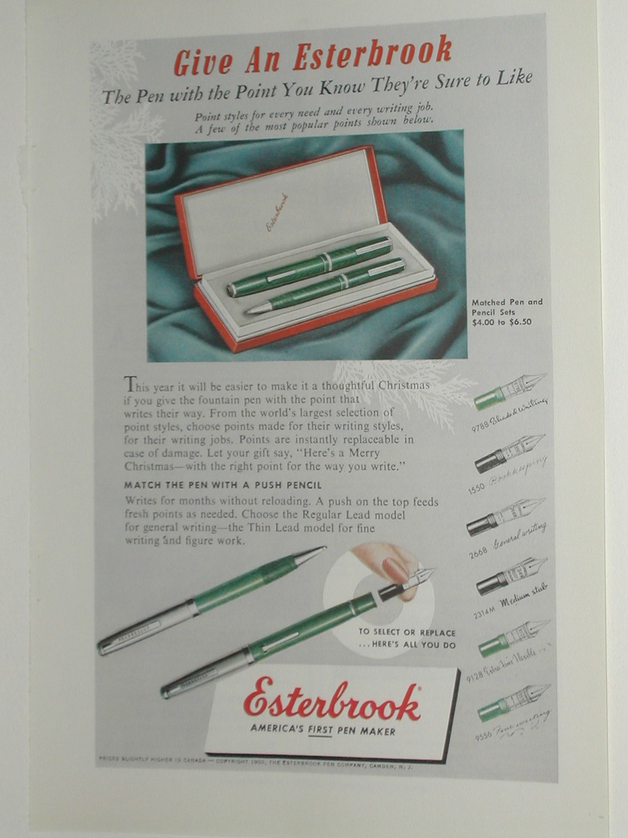 1950 Esterbrook Pens ad, Pen Pencil set, nib choices