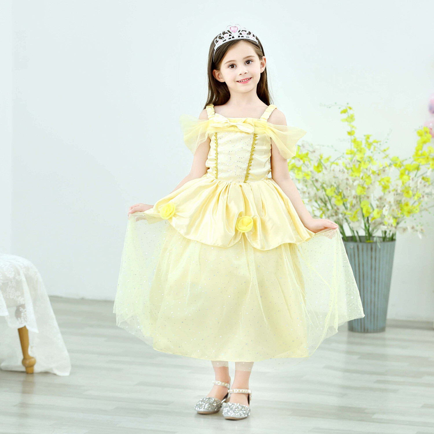 Summer Girls Cute Sweet Lace Flowers Yellow Puffy Short-sleeved Princess Dress
