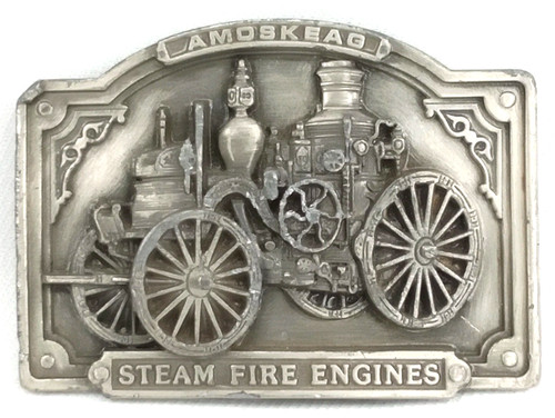 Vintage 1985 Amoskeag Steam Fire Engines Bergamot Brass Belt Buckle Made In USA