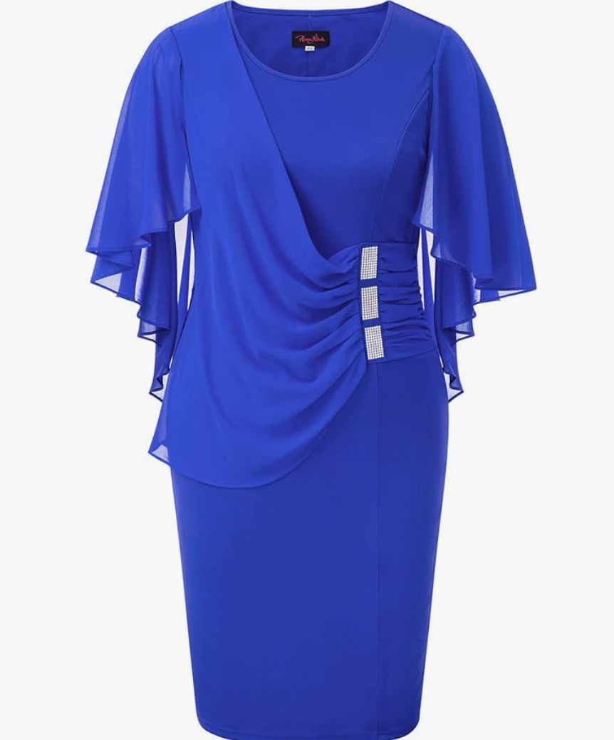 blue ruffle cape dress HannaNikole Chiffon Flattering Sleeve Bodycon Pencil (blue, L) Little Black Dresses & van Gogh Size:18 - XXL