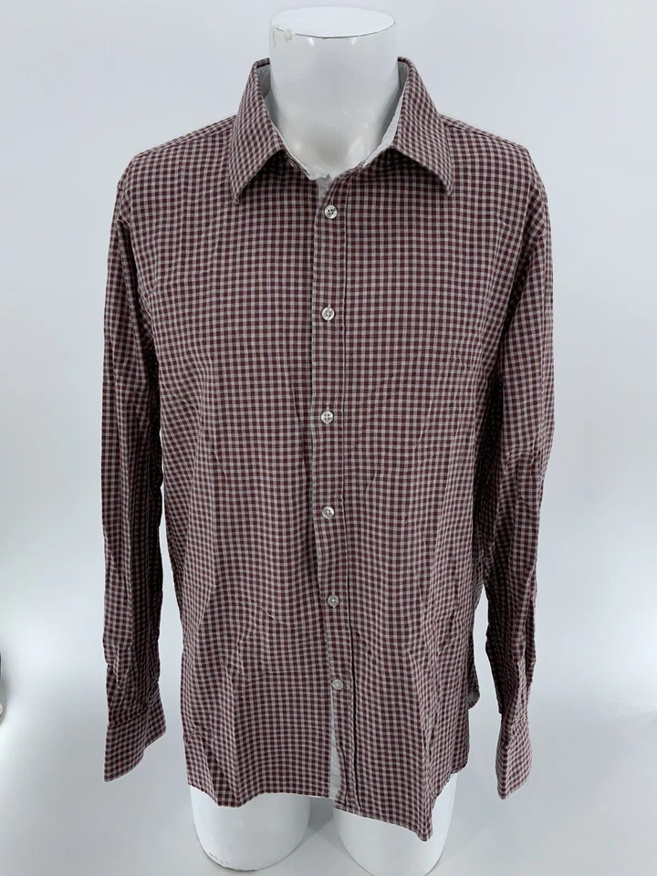 Hickey Freeman 纽扣衬衫男式 XL 红色灰色格子棉质 YGI X3-10 — 第 2/4 张图片