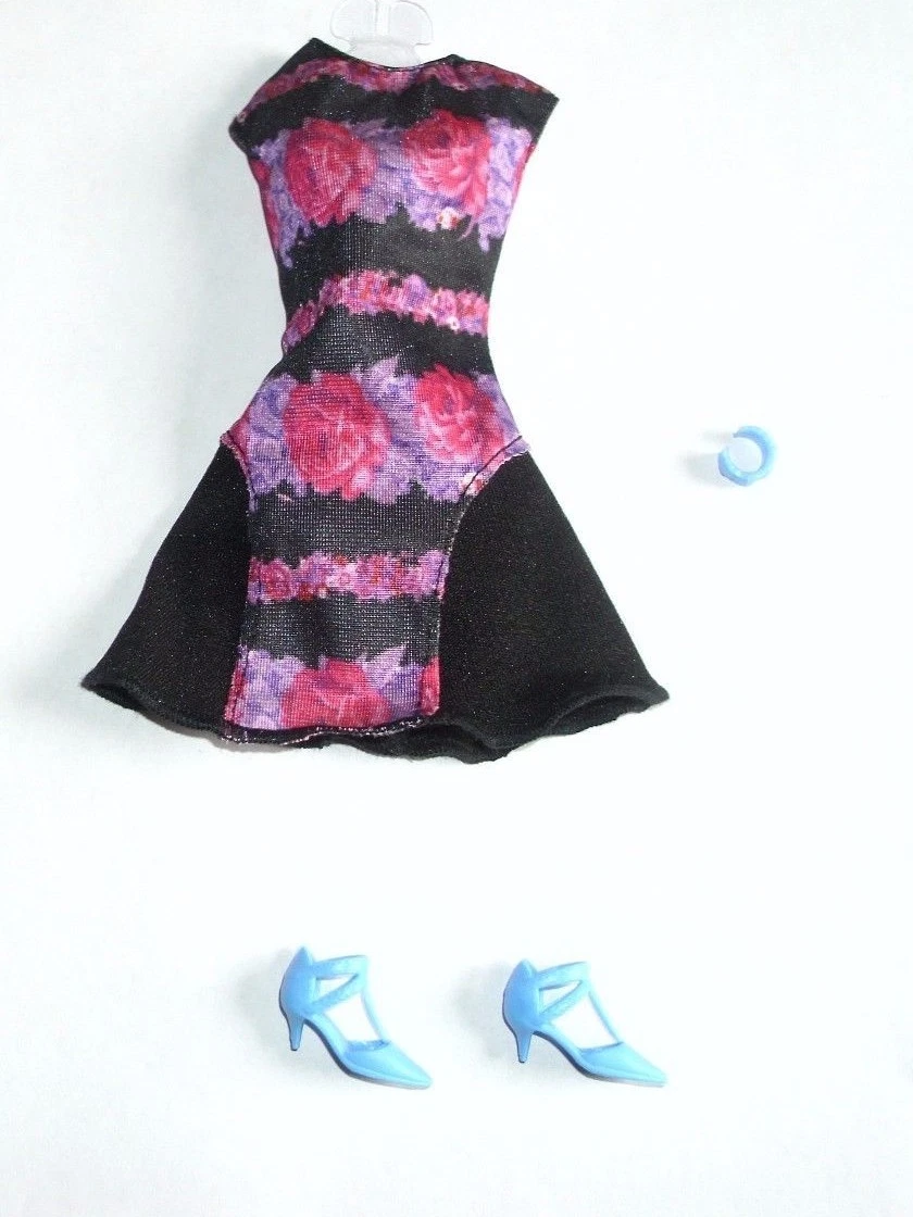 Barbie Fashionistas Fashion Black Dress w Roses Shoes Bracelet Loose Outfit New
