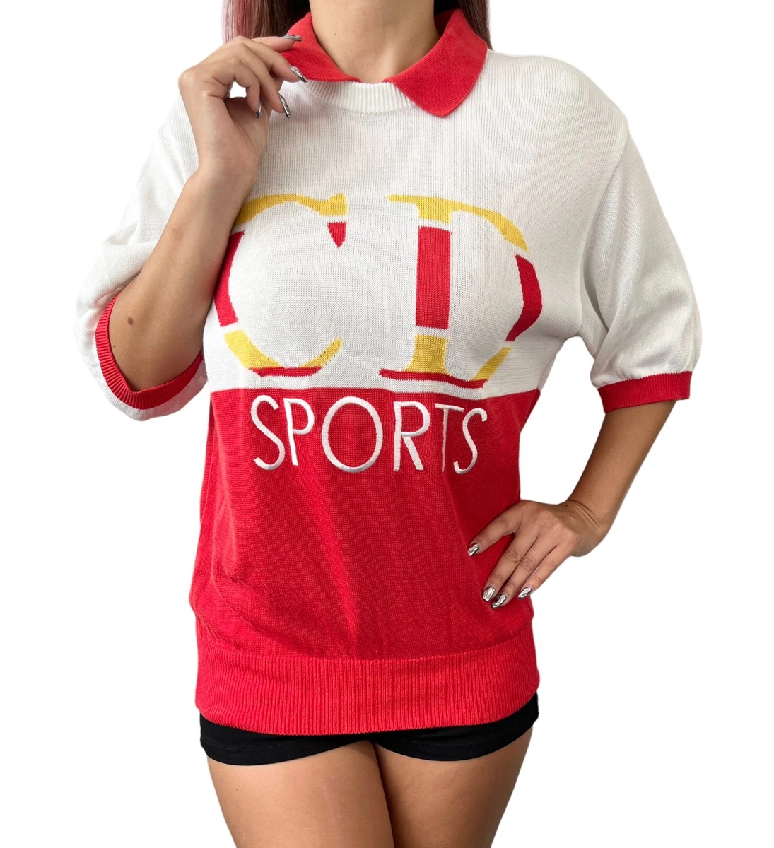 Christian Dior Sport Vintage Big Logo Polo Sweater M White Red Cotton RankAB