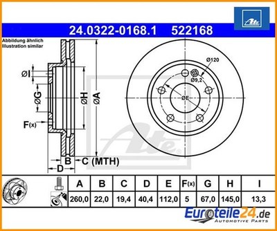 2 St. Bremsscheibe PowerDisc ATE 24.0322-0168.1