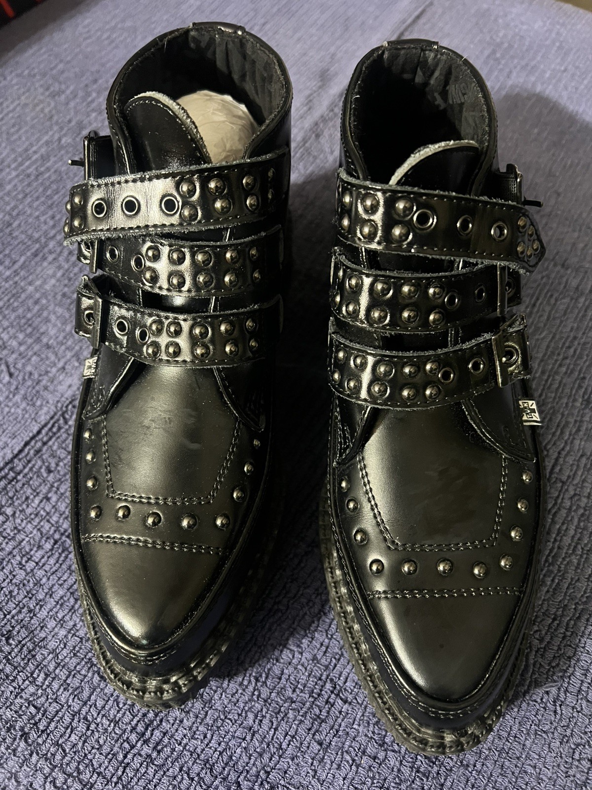 TUK 3 Buckle Leather Pointed Creeper Boots womens 6 punk goth Addams 90's scene