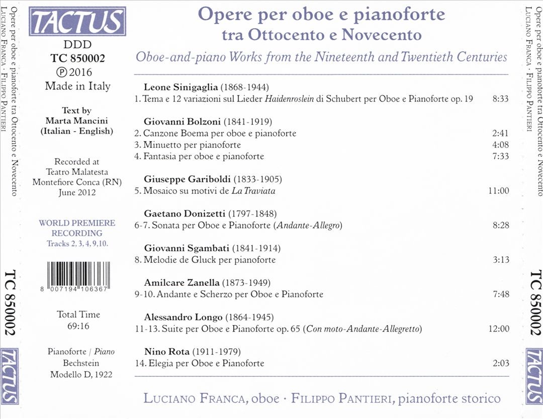 Luciano Franca/Filippo Pantieri Opere Per Oboe E Pianoforte Tra Ottocento E Nove