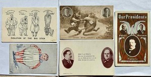 William H. Taft 1908 Postcard Lot 5 Cards - Good Bye Teddy, Big Stick - 4 Unused