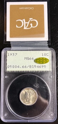 1937 Mercury Dime - PCGS Rattler MS-66 CAC Gold Sticker With COA See Pictures