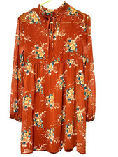 As You Wish Burnt Orange Floral Long Sleeve Boho Mini Dress/ Smocking Size Small
