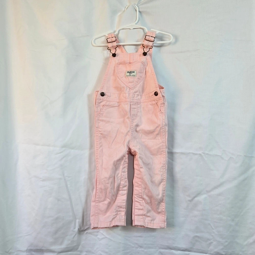 OshKosh B'gosh Baby Girl Light Pink Heart Pocket Adjustable Straps Overalls 18M