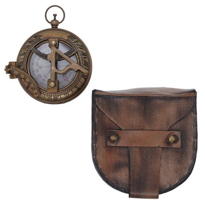 Antique Finish Brass Compass Engraved Working Pocket Compass w/ Leather Case