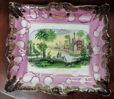 EXCELLENT DIXON CO.  ANTIQUE ENGLISH PINK LUSTERWARE PLAQUE "FAR EASTERN SCENE"