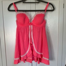Victoria's Secret Babydoll Lingerie 36C Pink Lace Trim Underwire Chemise Y2K