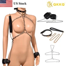QKKQ Women's Bondage Toy BDSM Kit Includes Metal Collar Handcuffs Chain & Whip