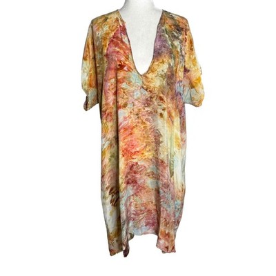 Peri Tie Dye Tunic Dress One Size Boho Caftan V Neck Short Sleeves Pockets