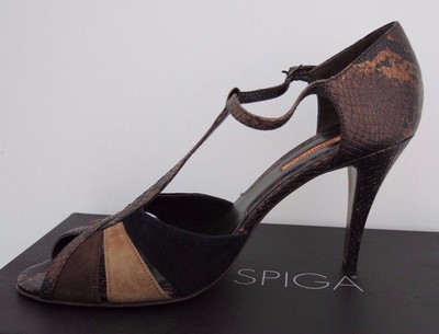 Via Spiga 9 M Python Print High Heel Open Toe Shoes Sandals T Strap Bronze Brown