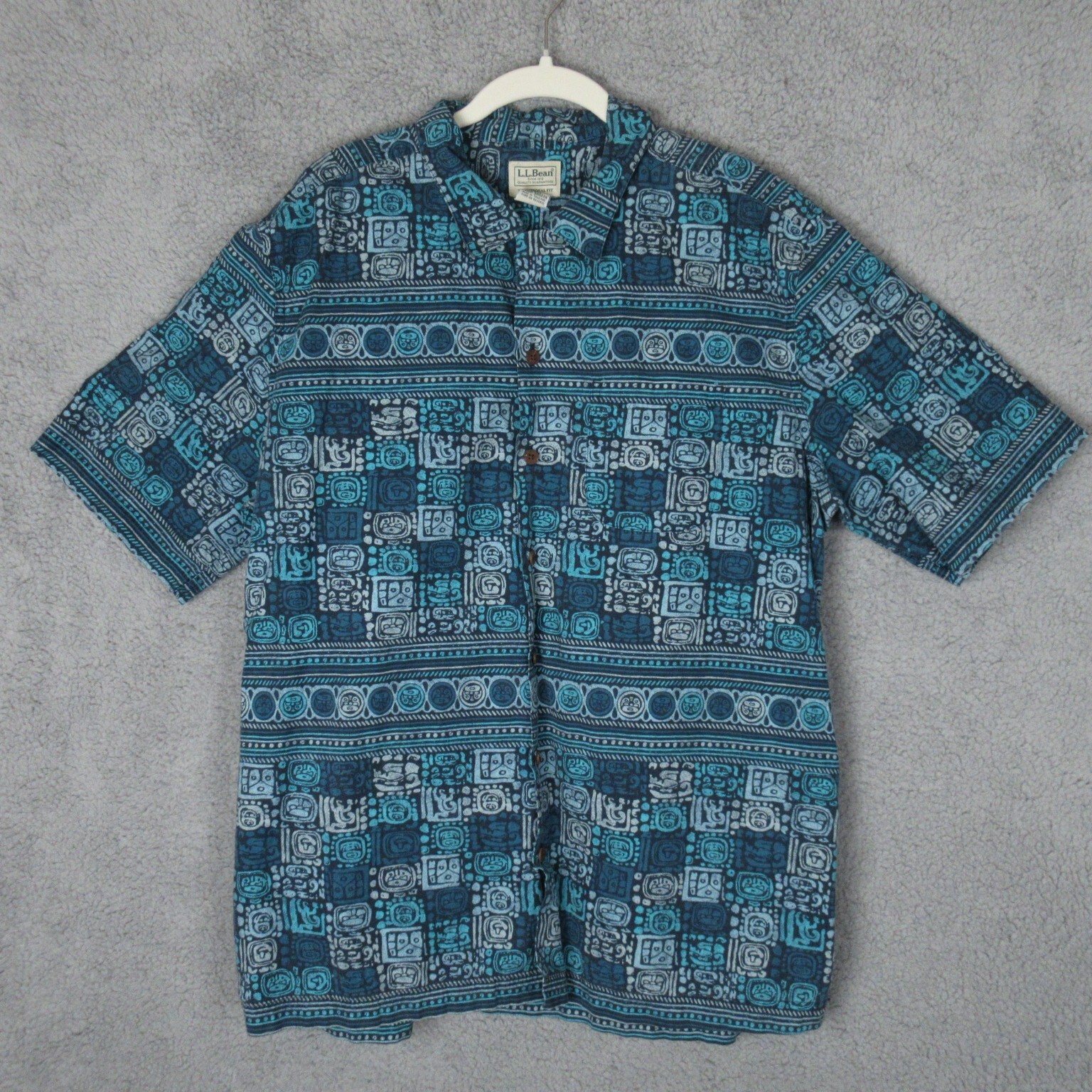 LL Bean Men's Aztec Blue Black Print Shirt Large Traditional Fit 100% Cotton